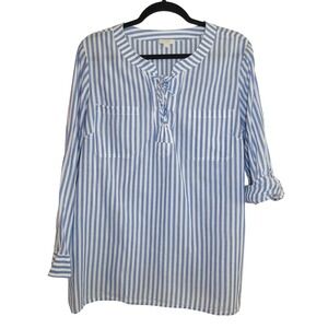 Talbots Petite Blue White‎ Stripe Lace Up Tunic Blouse LP Coastal Cotton Breezy